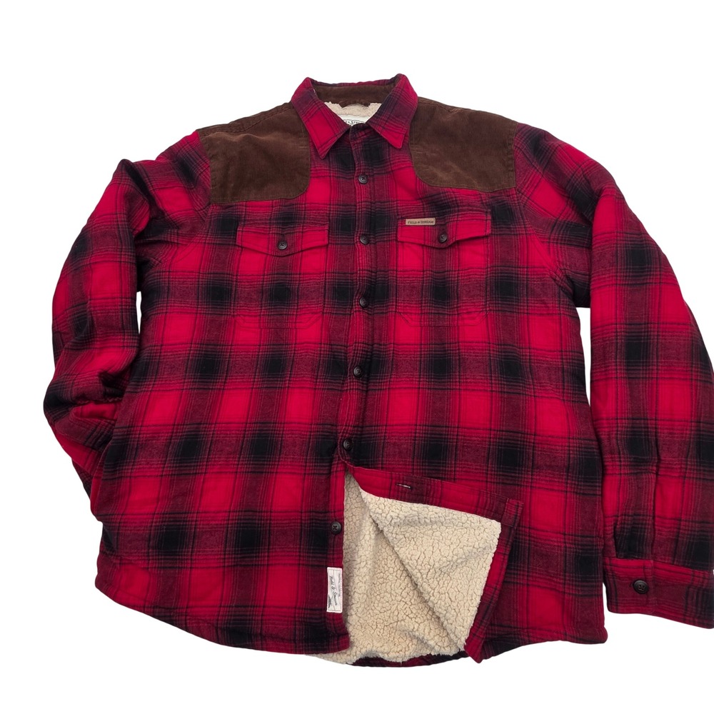 Field & Stream Flannel Shacket Mens XL Red Black Plaid Corduroy Lined Cabincore